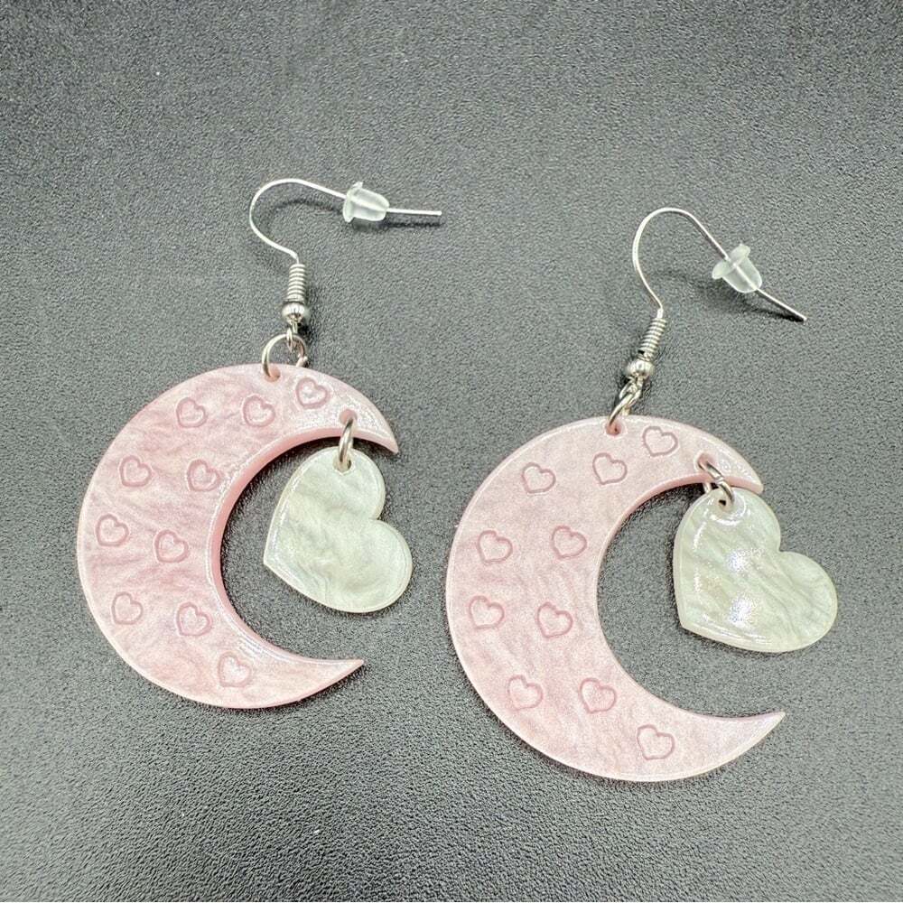 Cresent Moon Earrings - Pink and White Acrylic with Heart Accents